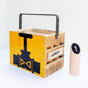 Finnish Throwing Game - Outdoor Game - Handmade From Recycled Wood and Metal - Black and Yellow Fire Hydrant