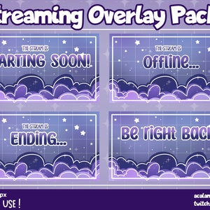 Purple Clouds and Stars TWITCH OVERLAY PACK! || Streaming Scenes For Twitch || Starting Soon || Stream is Ending || Be right Back || Offline