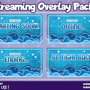 Blue Clouds and Stars TWITCH OVERLAY PACK! || Streaming Scenes For Twitch || Starting Soon || Stream is Ending || Be right Back || Offline