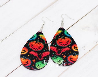 Neon Pumpkin Bats Halloween Tear Drop Earrings