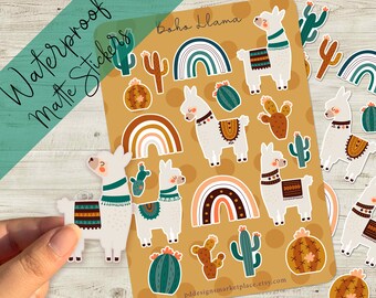 Boho Llama Cactus Vinyl Kiss Cut Sticker Sheet - Matte or glossy Weatherproof stickers
