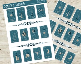 Sticker Sheet - Teal Tarot Cards  Major Arcana Pagan Wicca stickers for  journals planners gifts