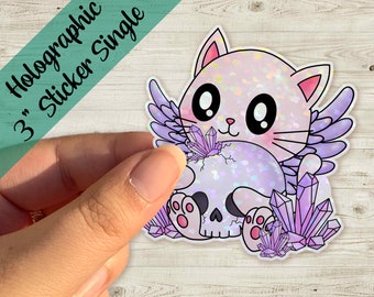 Chibi Skull Kitty Crystals Holographic Sticker 3" - Laptop Sticker - Journal Sticker - Rave Sticker - Pastel Goth