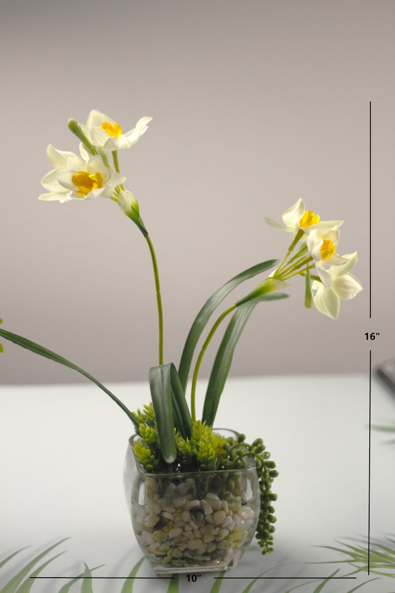 White Artificial Narcissus Flower Arrangement Succulents Stone Pebbles
