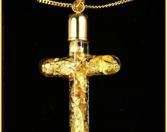 Cross Shaped Glass Pendant filled with Pure 24k Gold Leaf, Gift for Her, Gift for Him, Occasion