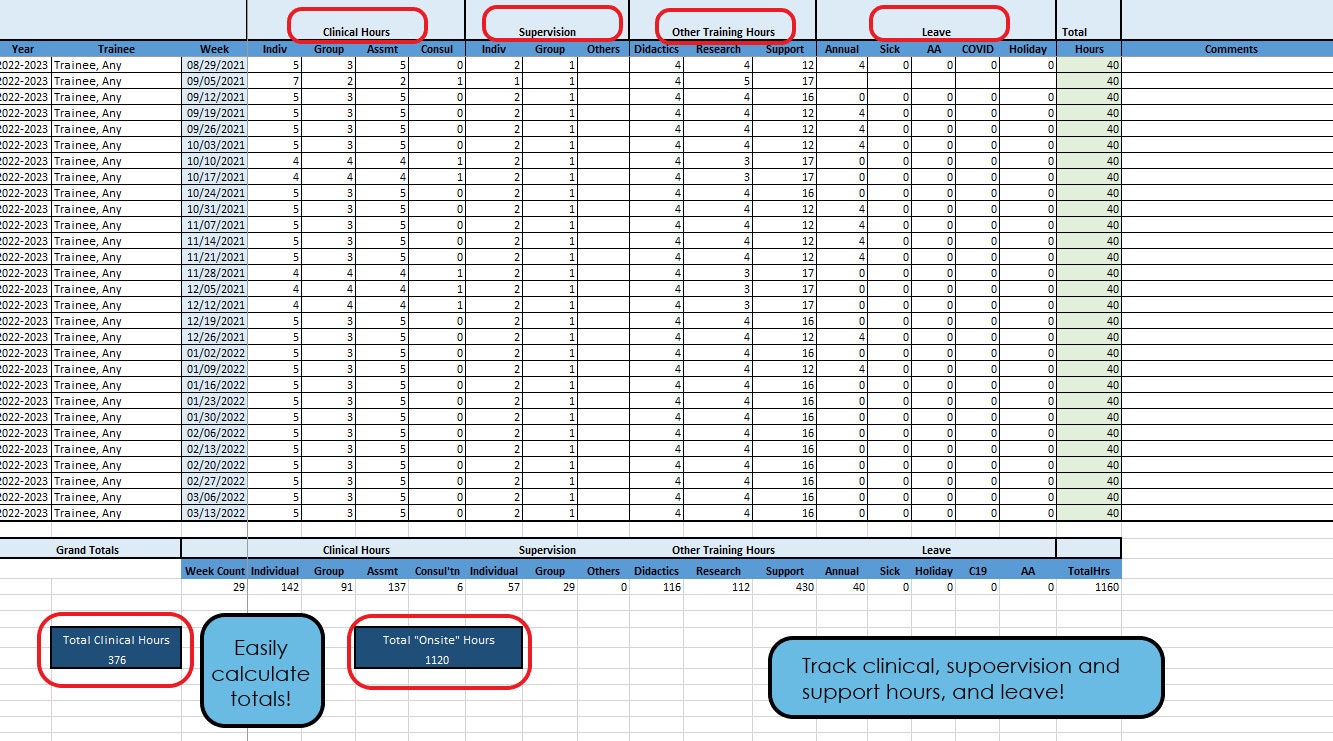 Clinical Hours Tracking Excel Sheet for Psychology Practicum