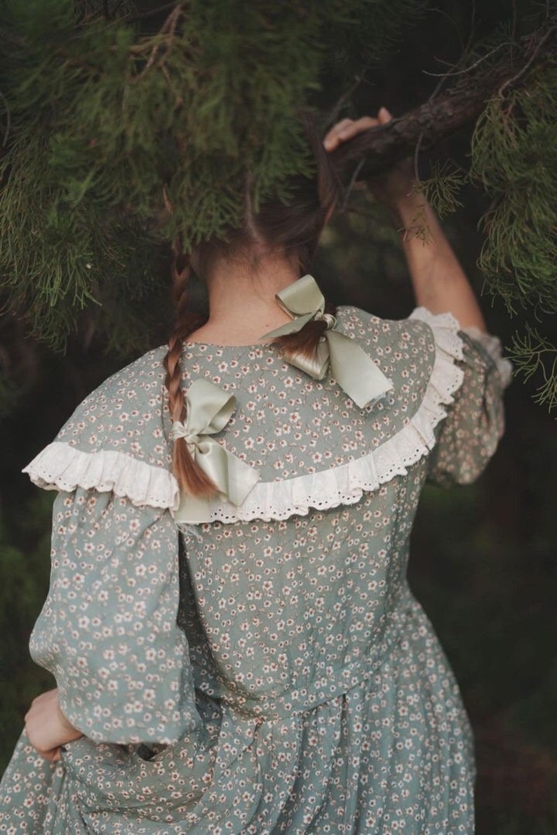 cottage core dress,victorian dress, button up till waist. lace on the collar and sleeves. floral print. elongated modest. image 6