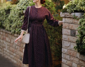 cottage core dress, velvet fabric , victorian dress, crochet collar is detachable,button up till waist. side straps.