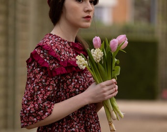 victorian dress, vintage dress,cottage core dress, button up till waist.  floral print. elongated modest.