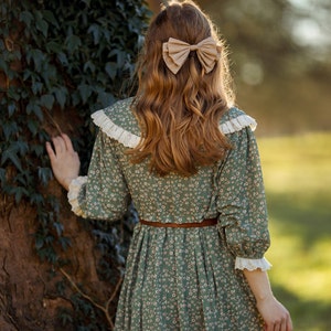 cottage core dress,victorian dress, button up till waist. lace on the collar and sleeves. floral print. elongated modest. image 2