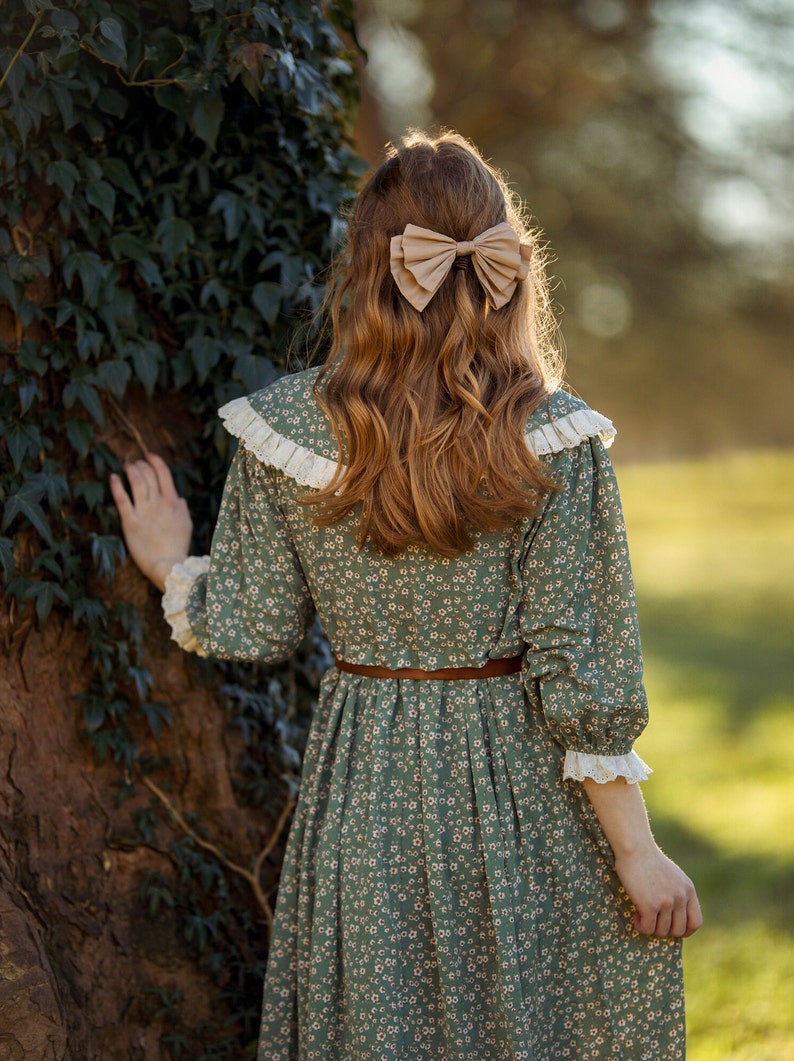 cottage core dress,victorian dress, button up till waist. lace on the collar and sleeves. floral print. elongated modest. image 2