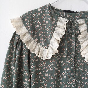 cottage core dress,victorian dress, button up till waist. lace on the collar and sleeves. floral print. elongated modest. image 8