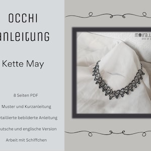 Può includere: Un collare di pizzo nero su uno sfondo di tessuto bianco. Il collare si chiama "Kette May" e realizzato con una tecnica di pizzo a fuselli. L'immagine include il testo "OCCHI anleitung" e "moira.Lica one of a kind".