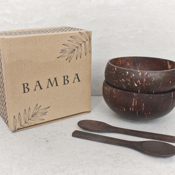 Natural Coconut Bowl Set | 2 Coconut Bowls + 2 Wooden Spoons + Gift Box | Zero Waste Kitchen