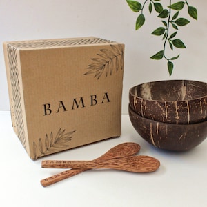 Artisanal Coconut Bowl & Wooden Spoons | Set of 2 | Biodegradable Handcrafted Smoothie Bowl | Eco Friendly Products | Zero Waste | Minimal