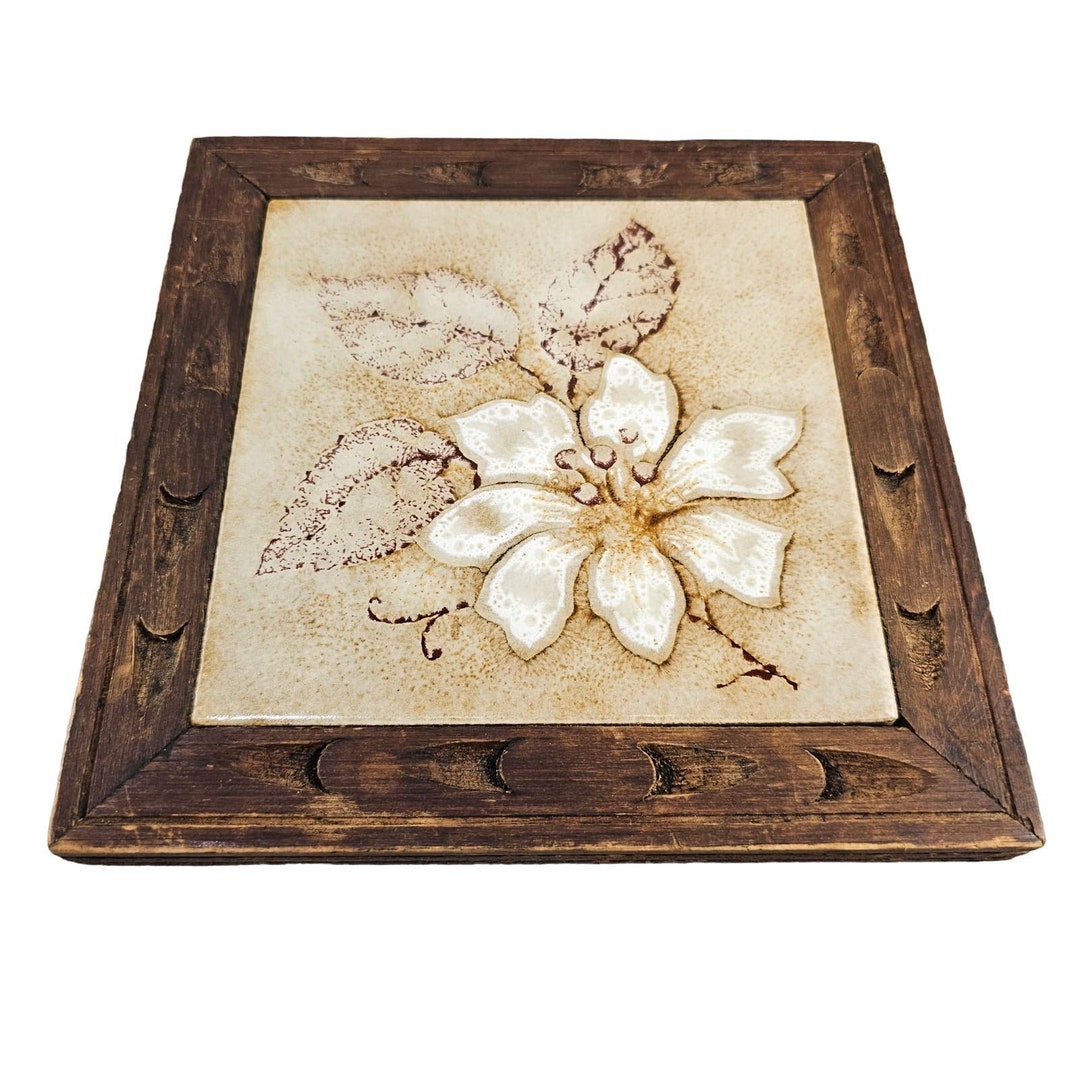 Vtg Italian Trivet Carved Wood Framed Ceramica S Marco 8x8 Floral MCM ...