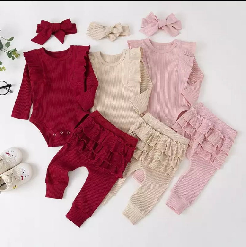 Baby Girl's 3pc Rib Frill Long Sleeve Romper and Pant Set 