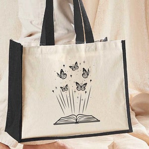 Book with Buterfly Jute Bag,Bookish Gifts, Book Lovers Gift, Bookish Jute  Bag, Book Lover Gifts, Reading Bag, Bookworm Bag, Large Jute Bag