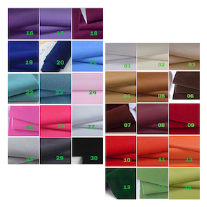 May include: A chart of 30 fabric swatches in various colors and textures. The swatches are numbered 1 through 30.