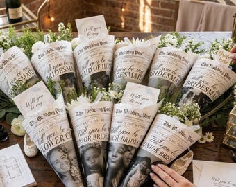 Buquê de flores em jornal para convite de madrinha | Presente imprimível "Quer ser minha madrinha?" | Cartão para convite de dama de honra | Editável no Canva