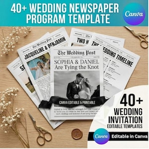 40+ Wedding Newspaper Template Bundle, Canva Editable, Printable Wedding Program, Folded Newspaper, Order of Service, Ceremony Program