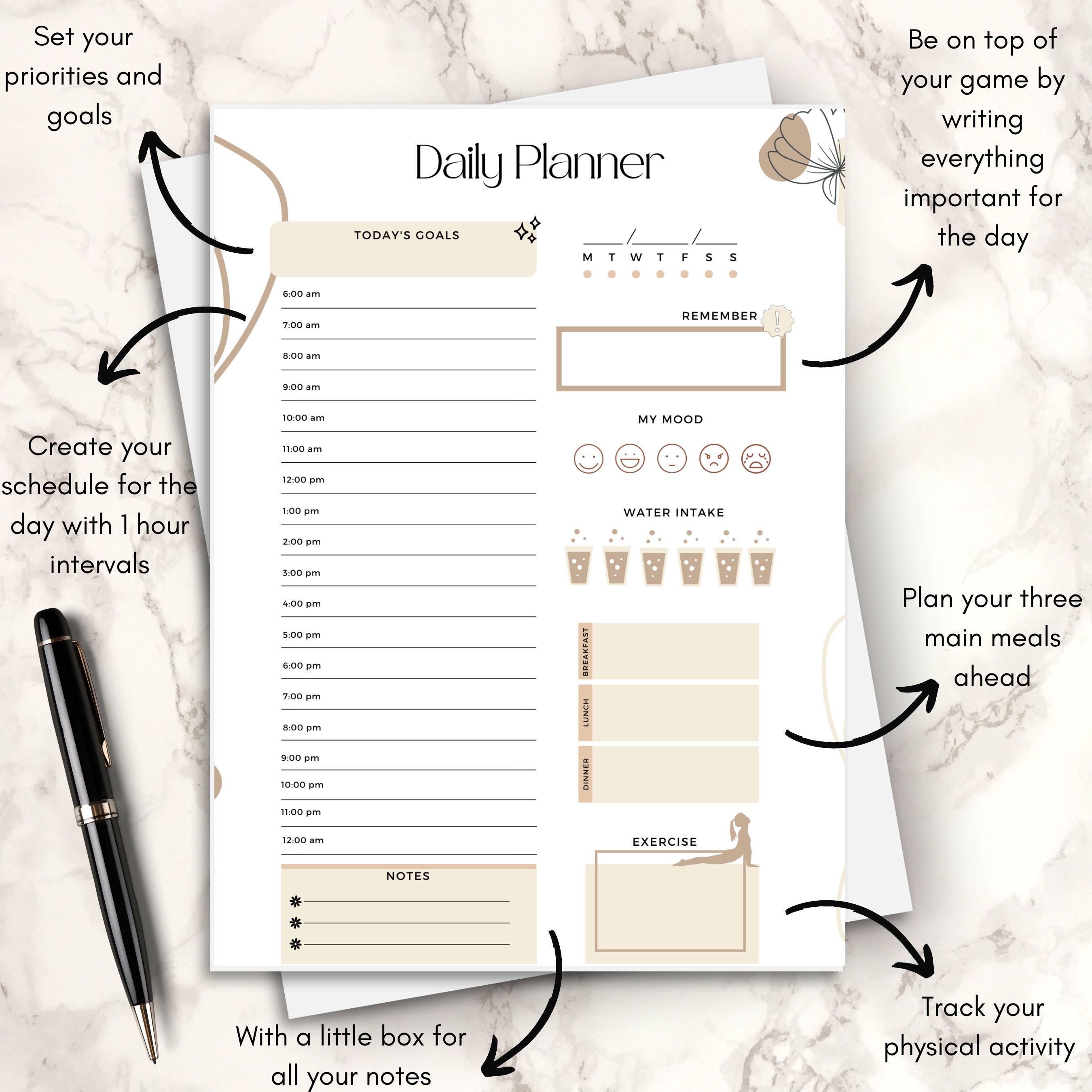 Daily Planner Printable Daily Schedule Day Planner Digital Etsy