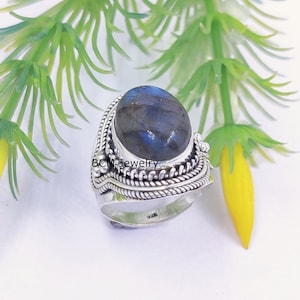 Solid 925 Sterling Silver Band Ring For Men, Women & Girls, Natural Healing Gemstone Unique Handcrafted Antique Statement Ring For Her / Him