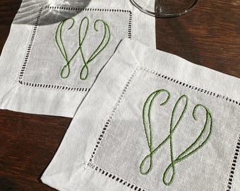 Servilletas de cóctel de lino bordadas / Monograma personalizado en letra cursiva