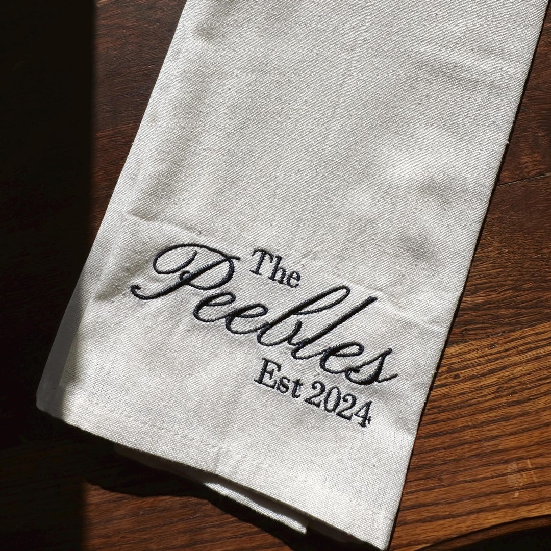 Personalized Last Name Kitchen Towel, Custom Embroidered Hand Towel, Last Name, Dinner Party, Wedding Gift, Engagement Gift, Hostess, Chic
