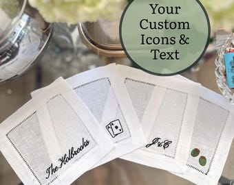Servilletas de cóctel con iconos bordados personalizados, accesorios de bar personalizados, regalos para inauguración de casa, bodas, compromisos y regalos para anfitriones.