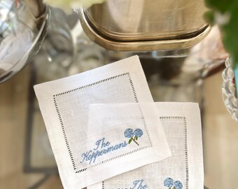 Personalized Hydrangea Linen Cocktail Napkins with Last Name, Custom Embroidered Wedding Gift, Housewarming Gift