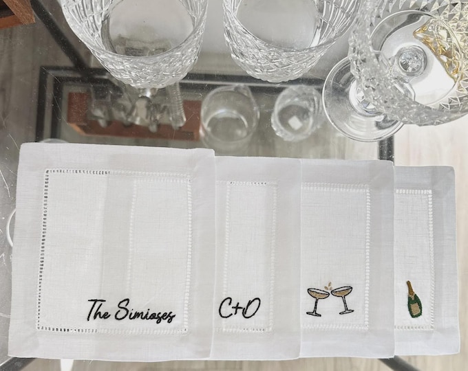 Custom Embroidered Name & Icon Linen Cocktail Napkins, Personalized Gifts for Weddings, Engagement, Housewarming, and Hostess Gifts