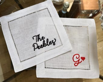 Custom Embroidered Linen Cocktail Napkins, Personalized Napkins, Chainstitch Monogram, Wedding, Hostess, Housewarming Gift