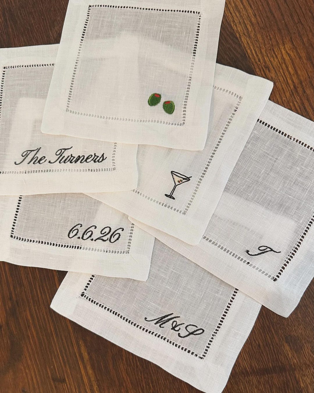 Custom Embroidered Linen Cocktail Napkins with Trendy Icons & Text