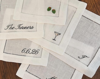 Custom Embroidered Linen Cocktail Napkins with Trendy Icons & Text