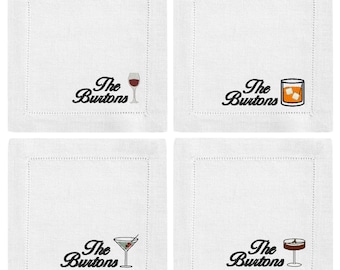 Custom Drink Icon + Simple Text Embroidered Cocktail Napkin (Set of 4)