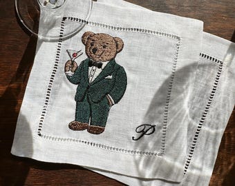 Servilletas de cóctel bordadas personalizadas Tuxedo Bear Martini, monograma, modernas y elegantes