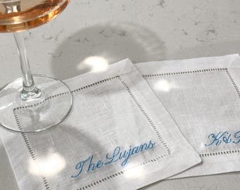 Custom Text Embroidered Linen Cocktail Napkin Set