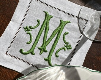 Servilletas de cóctel con monograma personalizado, servilletas de lino bordadas con dobladillo, bordado personalizado, diseño de lujo para bodas