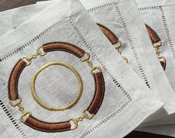 Serviette cocktail monogramme mors de cheval équestre brodé, Derby du Kentucky, mors, chasse au renard