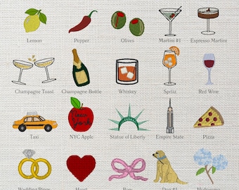 Custom Embroidered Linen Cocktail Napkins with Trendy Icons & Text ~ Hosting Gift ~ Engagement Gift ~ Wedding Gift ~ Unique Gift Idea