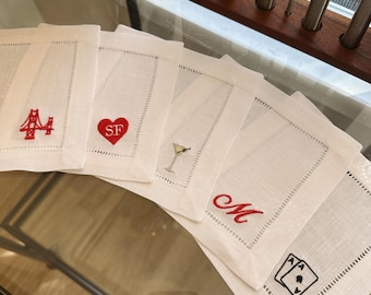 Servilletas de cóctel de lino bordadas con iconos personalizados + texto y nombre