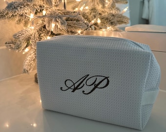 Monogram Waffle Cosmetic Bag: Embroidered Initials, Bridesmaid Makeup Bag, Proposal, Birthday Gift, Custom Bag, Bridal Party, Maid of Honor,