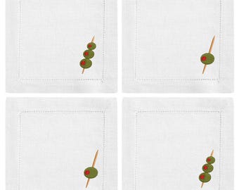Ensemble de 4 serviettes de table cocktail brodées olive Martini
