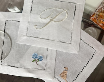 Servilletas de lino personalizadas con monograma de perro y hortensia, servilletas bordadas personalizadas, estilo sureño, para bodas, inauguración de la casa, compromiso y regalos.