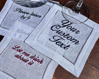 Servilletas de lino bordadas personalizadas para cóctel, texto personalizado, cóctel divertido, happy hour, crea las tuyas, monograma, set de regalo