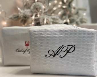 Monogram Waffle Cosmetic Bag: Embroidered Initials, Bedside Pouch, Makeup Bag
