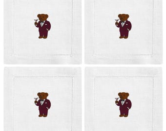 Tuxedo Bear Martini Personalized Embroidered Cocktail Napkins, Trendy, Chic
