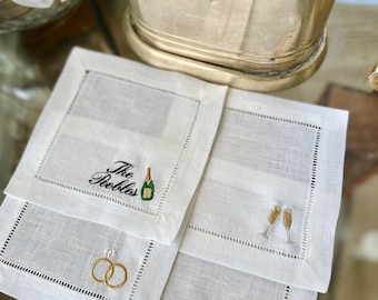 Custom Embroidered Wedding Cocktail Napkin Set with Last Name, Wedding Date & Champagne Icons, Engagement Gift, Wedding Gift, Bridal Shower