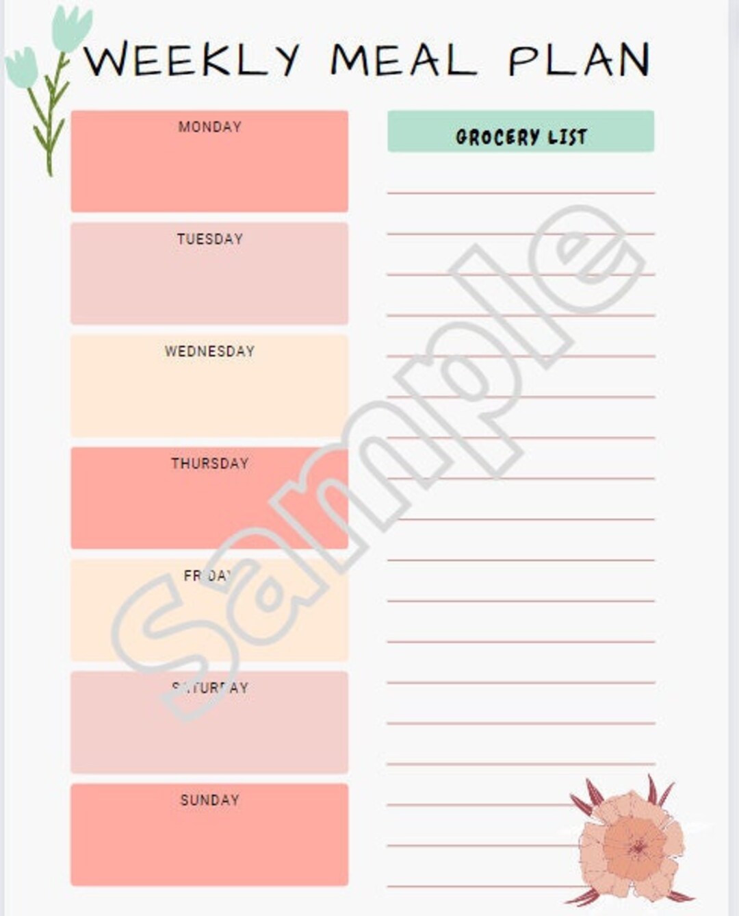 Weekly Meal Planner Boho Floral - Etsy
